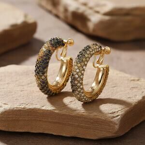 Clip on 1 1/2" gold, black animal print stone open back hoop earrings